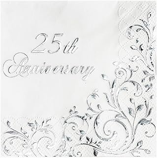 Crisky 3-Ply Silver Foil 25th Anniversary Cocktail Napkins for Silver Wedding Party Decoration, Disposable Beverage Dessert Napkins, 50 Counts
