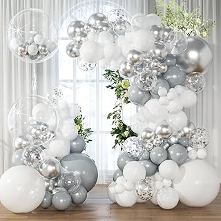 KARLURE White Silver Balloon Arch Kit Garland with Grey Clear Balloons for Birthday Engagement Wedding Baby Shower Confirmation Prom 25th Anniversary Decorations