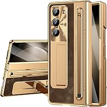 NINKI for Samsung Galaxy Z Fold 5 Case with S Pen & S Pen Holder, Kickstand & Front Screen Protector Hinge Electroplating Leather Phone Cover for Z Fold 5 Case with Stand and Stylus – Gold with Coffee
