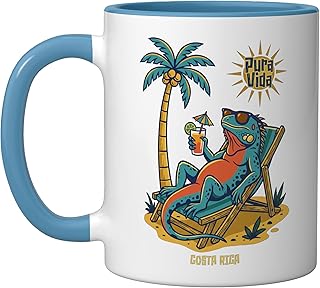 Pura Vida Costa Rica Iguana on the Beach Ceramic Mug, Blue/White