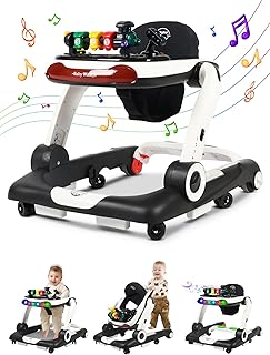 Music and Lights Baby Walker with Wheels, 6 in 1 Baby Activity Center w/Ergonomic backrest Design, Baby Walkers for Boys w/Foot Pads, Music Bouncer Walkers for Boys Girls Babies 6-18 Months, Black