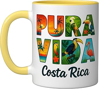 Pura Vida Costa Rica Ceramic Mug, Yellow/White