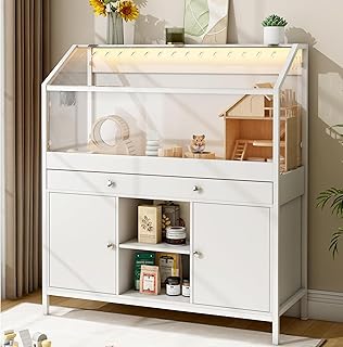 Pipleo Hamster Cage with Storage Cabinet,43.3" Small Animal Cage with LED Lights and Fan, Easy View Acrylic Panel, Large Habitat for Guinea Pig, Hedgehog,Rat 43.3"x 15.7"x 43.3"