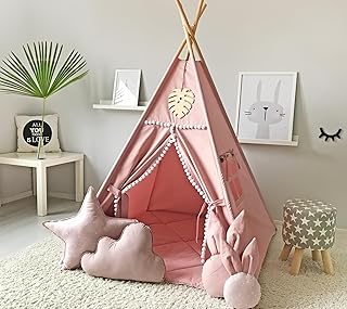 RONGFA Kids Teepee Tent with White Pom Pom - Indoor Play Teepee for Children Boys Portable Play House (Pink)