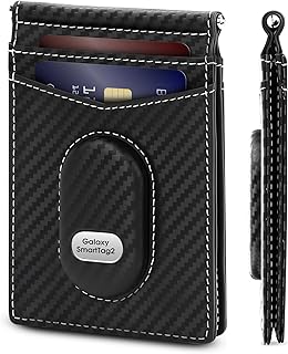 Slim Bifold Wallet for Samsung Smarttag2 Genuine Leather Minimalist Wallet Compatible with Samsung Tag RFID Blocking Card Holder with ID Windows | Money Clip(Carbon)