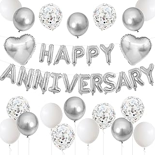 Anniversary Decorations Silver White,Happy Anniversary Foil Balloon Banner with Confetti,Latex,Foil Heart Balloons for Celebrations Surprise Events Romantic Night