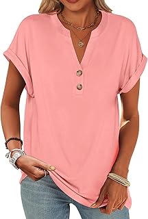Womens Short Sleeve Henley Tops V Neck Dressy Casual Blouses Summer Trendy Tee Shirts 2026 Vacation Fashion Clothes