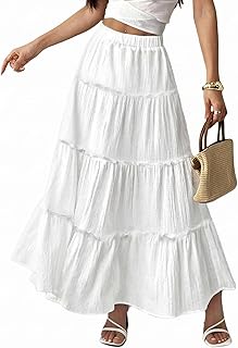 Women’s Boho Maxi Skirt, Flowy Elastic High Waisted Long Skirts A-Line Summer Vacation Outfits