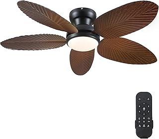 Kviflon Tropical Ceiling Fans with Lights and Remote/APP Control, 45 Inch Low Profile Flush Mount Ceiling Fans, Palm Leaf Ceiling Fan with Light for Bedroom Patios Porch Outdoor, Brown