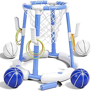 Pool Basketball Hoop&Ring Toss Game 2-in-1 Floating Pool Toy with 4 Balls 8 Rings&Pump,Outdoor Swimming Basketball Party Games Water Play Toy Anti-Tip Stable Base Summer Gift for Kid 4-8 8-12& Adult