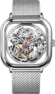 Automatic Mechanical Watch C Series Skeleton Analog Wrist Watch with Milanese Strap Sapphire Crystal Mirror Gifts for Men and Women