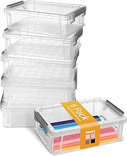 Sooez 6 Pack Extra Large Pencil Box, Plastic Pencil Case Crayon Box, Clear Marker Organizer Plastic Containers with Lid, Stackable Storage Boxes for Art Craft,Pen,Back to School Teacher Supplies, Grey