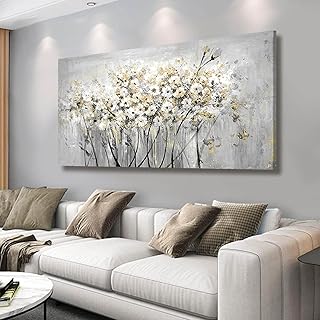 VAYIMDH Gold Pictures Wall Decor Living Room Wall Hanging White and Grey Vintage Posters Floral Photo Prints for Bedroom Dining Room 24x48 Inch