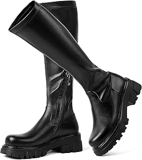 Women's Knee High Boots Black Tall Boot Lug Sole Shoes Stretch Below the Knee Comfortable Thick Sole Dressy Half Zipper