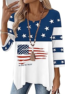 3/4 Length Sleeve Womens Tunic Tops Loose Fit Blouses Dressy Casual Crew Neck Tees S-2XL