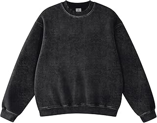 Womens Acid Wash Crewneck Sweatshirt Oversized Fleece Heavyweight Sweatshirts Unisex Vintage Cotton Pullover