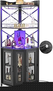 Aheaplus Corner Bar Cabinet with Power Outlet, Industrial Wine Cabinet with LED Strip and Glass Holder, 5-Tiers Liquor Cabinets Bar Unit for Home, Corner Display Cabinets for Small Space, Black
