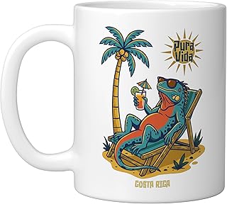 Pura Vida Costa Rica Iguana on the Beach Ceramic Mug, White