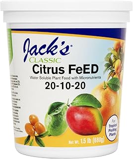 Jack's Classic 20-10-20 Citrus Feed Water-Soluble Fertilizer with Micronutrients to Provide Better Growth and Fruiting in Tropical Fruiting Plants, 1.5lbs