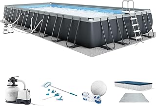 INTEX Ultra XTR 32 ft x 16 ft 52 in Above Ground Pool Set, Rectangular Swimming Pool with Sand Pump, Saltwater System, Maintenance Kit, & Volleyball Game