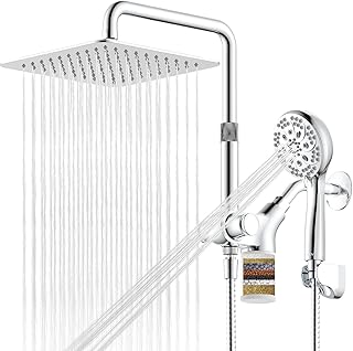 Ryamen Upgraded Dual Shower Heads Combo, 10 inch Filtered Shower Head with Handheld, 3-Way Rain Shower Head with Filters, 7 Settings Handheld Spray, High Pressure, Height Adjustable (Silver)