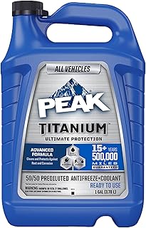 PEAK Titanium 50/50 Prediluted Antifreeze and Coolant for All Engine Cooling Systems, Long-Lasting Yellow Engine Coolant/Antifreeze for Lifetime Engine Protection in All Vehicles, 1 Gal.