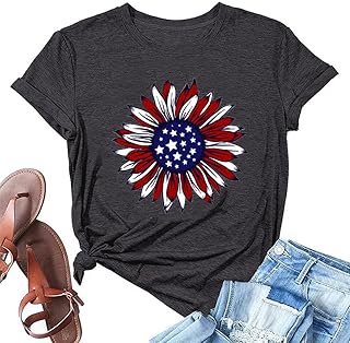American Flag Sunflower Shirts Women 4th of July Graphic Tees Patriotic T-Shirts USA Flag Star Stripe Tops