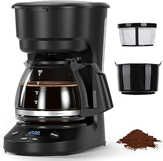 5-Cup Programmable Drip Coffee Maker, a compact coffee machine with a digital clock and 24-hour programmable timer, featuring Auto Shut-Off, and a Removable Filter Basket for Home & Office.