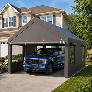 12x20 FT Heavy Duty Carport Canopy, All-Weather Vehicle Shelter with Roll-up Ventilation Windows & Removable Sidewalls, Portable Garage for SUV, Truck, Boat, Gray