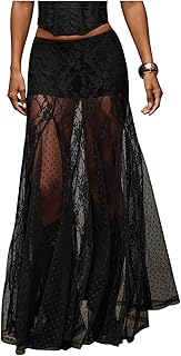 Women's Sexy See Through Sheer Lace Maxi Skirt Low Waist Ruffle Hem A Line Flowy Skirt