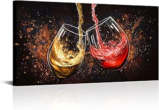 OuElegent Wine Glasses Canvas Wall Art Gold Red Dining Room Painting Kitchen Artwork Prints Abstract Restaurant Wall Decor Framed 20"x40"
