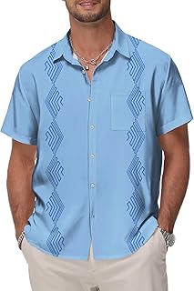 Beach Summer Mens Guayabera Shirts Mens Button Down Shirt Short Sleeve Blue L