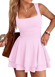 Womens Square Neck Sleeveless Mini Summer Dress 2026 Ruched Waist Ruffle Hem A Line Graduation Cocktail Party Short Dress