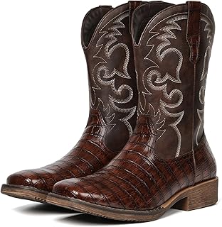 Cowboy Boots For Men Western Caiman Tail Print Wide Fashionable Embroidered Pull On Slip Resistant Boots
