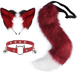 Furry Animal Cat Fox Tail Faux Fur Wolf Ear Headband Leather Neck Chocker Costume Set for Party Halloween Cosplay