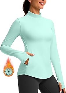 Thermal Shirts for Women Long Sleeve Mock Neck Fleece Tops Running Workout Cold Weather Gear with Zip Pocket