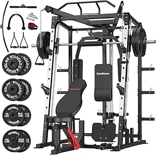 SunHome Smith Machine, Power Cage Squat Rack with Smith Bar, LAT Pull-Down Systems, Cable Crossover Machine and Cable Attachment for Home Gym