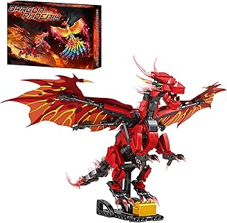 Fire Dragon Building Blocks Set, 561 PCS Posable Dragon Toy with Canvas Wings & Display Stand, Collectible Western Sea Serpent, or Phoenix - Fantasy Set Model for Home Office Decor