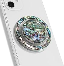 Magnetic Phone Grip for MagSafe, Genuine Natural Seashell Stone, Swappable Top, Strong Magnet Holder & Kickstand for iPhone 15 14 13 12 Pro Max Plus & MagSafe Cases (Black Fresh Water)