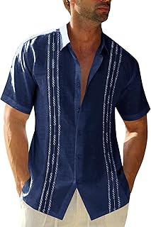 Mens Short Sleeve Guayabera Shirts Linen Cotton Button Down Mexican Embroidered Cuban Wedding Shirt Summer Beach Tops