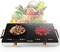 2 Burner Electric Cooktop - 24 Inch Portable Electric Stovetop 110V, 2000W Countertop Tow Burner Ceramic Cooktop with LCD Control Panel, Child Lock, Timer, Knob Control with Plug (Golden)
