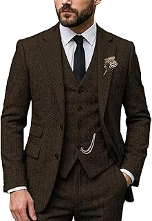 Men Suit Classic Regular Fit 3 Piece Tweed Herringbone Wool Jacket Tuxedos Wedding Grooms Blazer+Vest+Pants