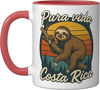 Pura Vida Costa Rica Sloth Sunset Ceramic Mug, Red/White