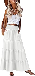 Womens Maxi Skirts, Elastic High Waist A-Line Tiered, Long Flowy Boho Skirts, Summer Casual Beach & Vacation Wear