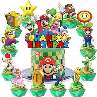25Pcs Mario Cake Decorations with 24pcs Cupcake Toppers, 1pcs Happy Birthday Cake Topper, Cartoon Themed Party Supplies, Perfect for Birthday Party Decorations