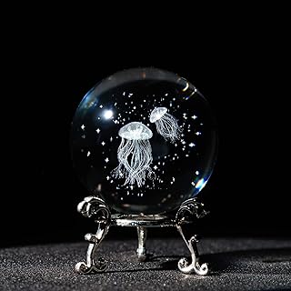 3D Laser Engraved Jellyfish Crystal Ball -2.3inch Glass Sea Animal Figurines Decorative Ball Glass Full Sphere with Stand Home Room Table Decor Gift for Mom Women Ocean Lovers