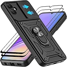 for Samsung Galaxy A05 Case, with Tempered Glass Screen Protector [2 Pcs] & Slide Camera Cover, 360°Rotation Ring Kickstand [Military Grade] Case (Black)
