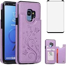 Phone Case for Samsung Galaxy S9 with Tempered Glass Screen Protector Card Holder Wallet Cover Stand Flip Butterfly Embosses Leather Cell Accessories Glaxay S 9 Edge 9S GS9 Cases Women Girls Purple
