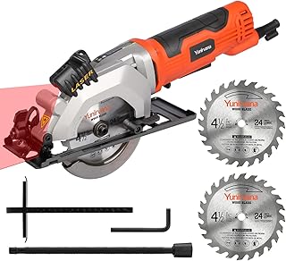 Yunirvana 4Amp 3500RPM Mini Circular Saw with Laser Guide, Vacuum Adapter, Blade Wrench and Rip Guide, Max. Cutting Depth1-5/8"(90°), 1-1/10"(45°)Compact Saw with 2 pcs 4-1/2" 24T TCT Blades