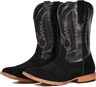 Cowboy Boots for Men Suede Square Toe Western Boots Pull On Durable Classic Embroidered Boot